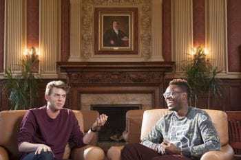 Washington University in St. Louis seniors Carrick Reddin (left) and Nick Okafor discuss their experiences at WUSTL and their post-graduation plans during an interview in Holmes Lounge on the Danforth Campus in St. Louis Tuesday, April 12, 2016. Photo by Sid Hastings / WUSTL Photos