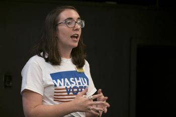Undergraduate and graduate students from Washington University in St. Louis gathered Tuesday, Aug. 30, 2016 for the kickoff event for WashU Votes, an effort to encourage student involvement in the 2016 election and the 2016 Presidential Debate being hosted on the WU Campus Oct. 9, 2016. The WashU Votes program is part of the Gephardt Institute for Civic and Community Engagement. Cassandra Klosterman, Voter Engagement Fellow at the Gephardt Institute, delivers remarks during the event. Photo by Sid Hastings / WUSTL Photos